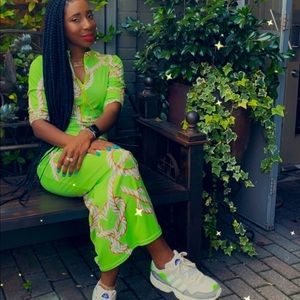 Long sleeve green and cream long dress worn once